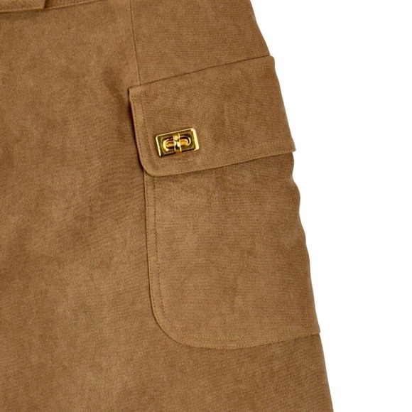 J. McLaughlin Faux Suede Brown Skirt. Gold Tone Turn Lock Accents Pockets. Sz 10 - Picture 3 of 7